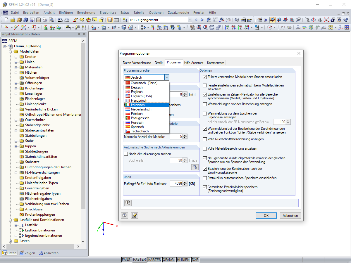 Spracheinstellungen für Programm