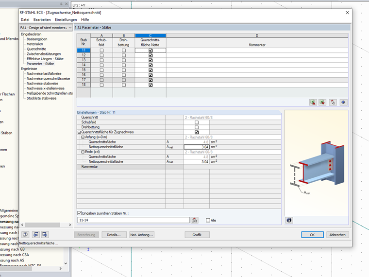 Eingabe der Nettoquerschnittsfläche im Zusatzmodul