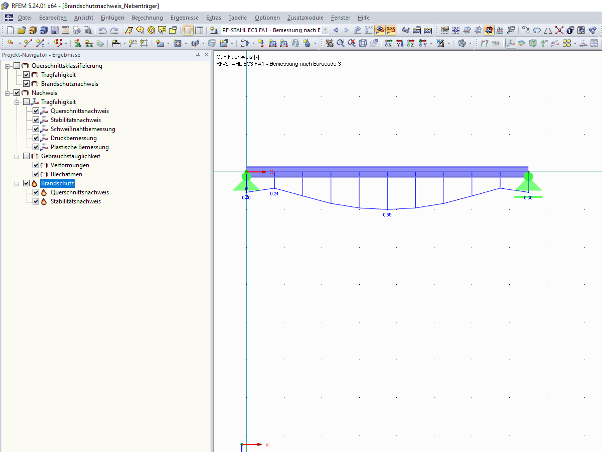 Grafische Darstellung der Ergebnisse aus RF-STAHL EC3 - Brandschutznachweise
