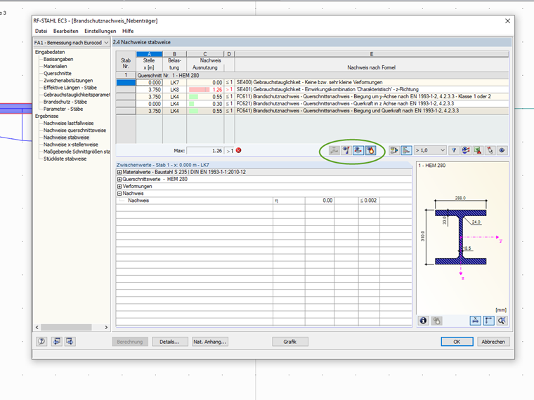 Filtermöglichkeit der Detailergebnisse in RF-STAHL EC3