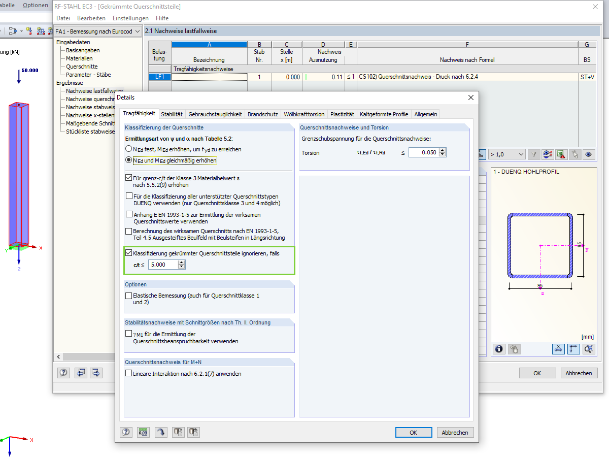 Ignorieren der gekrümmten Querschnittsteile in RF-STAHL EC3
