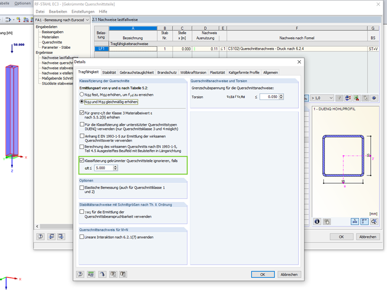 Ignorieren der gekrümmten Querschnittsteile in RF-STAHL EC3