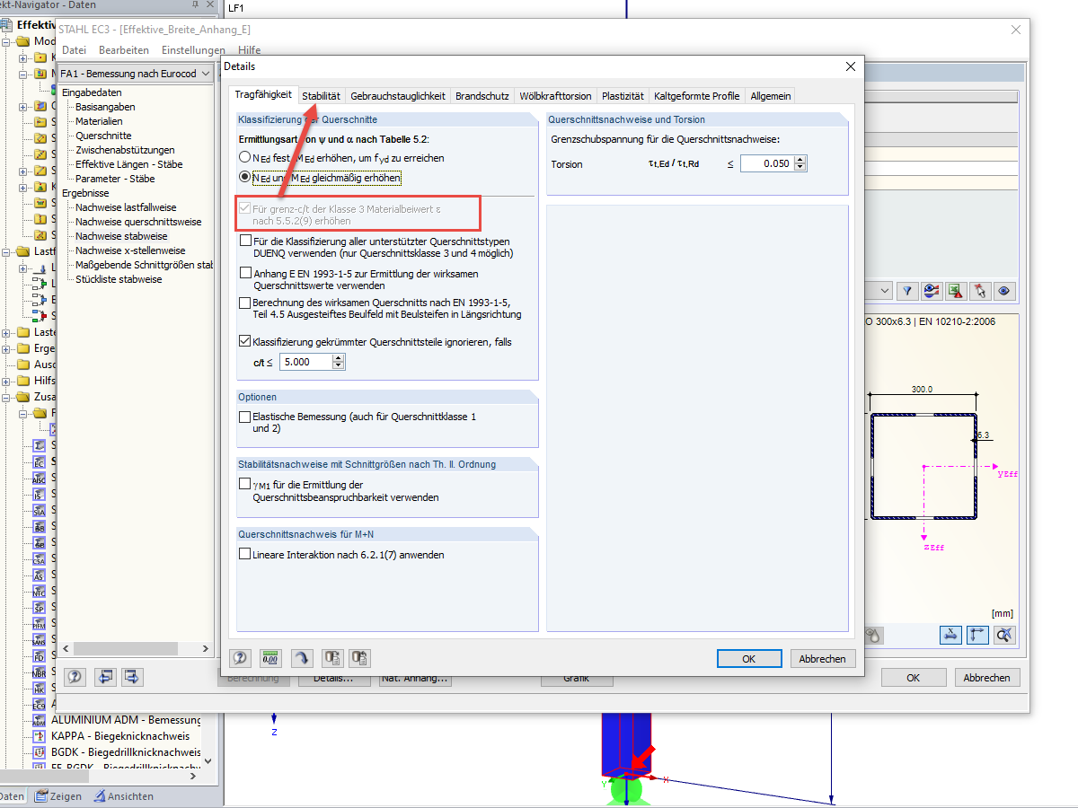 Erhöhung des Materialbeiwerts bei aktiviertem Stabilitätsnachweis nicht verfügbar