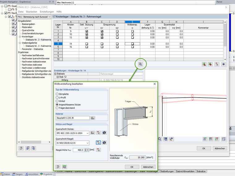 Wölbbehinderung durch eine angeschlossene Stütze