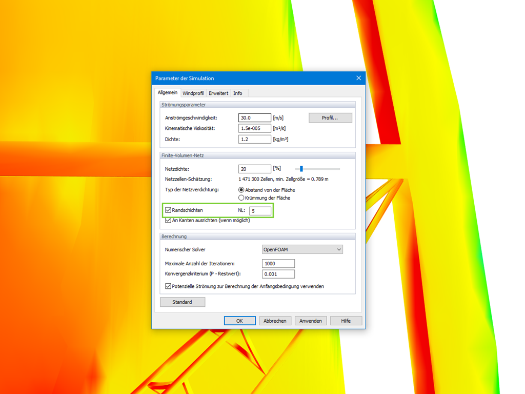 Schichtnetz an der Modelloberfläche in RWIND Simulation
