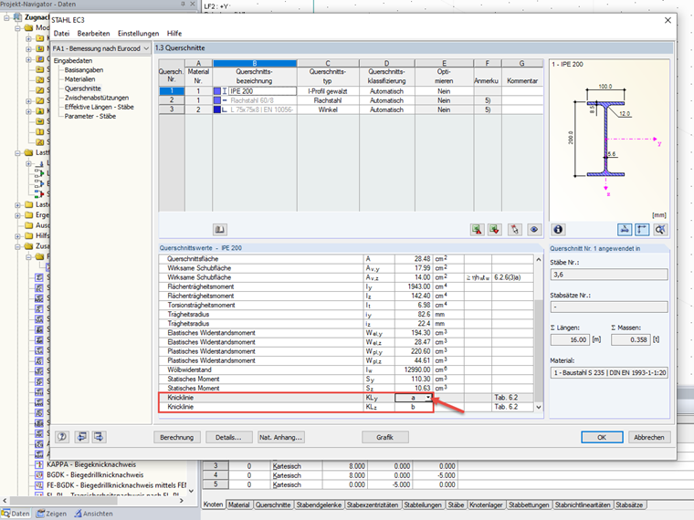 Auswahl der Knicklinie im Zusatzmodul RF-/STAHL EC3