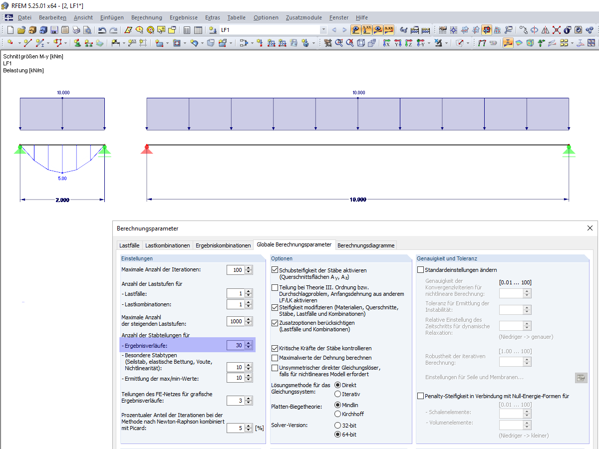 Momentenverlauf mit 30 Stabteilungen für die Ergebnisverläufe
