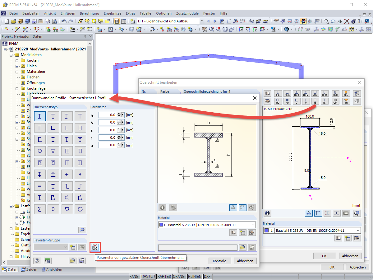 Parameter von gewalztem Querschnitt übernehmen