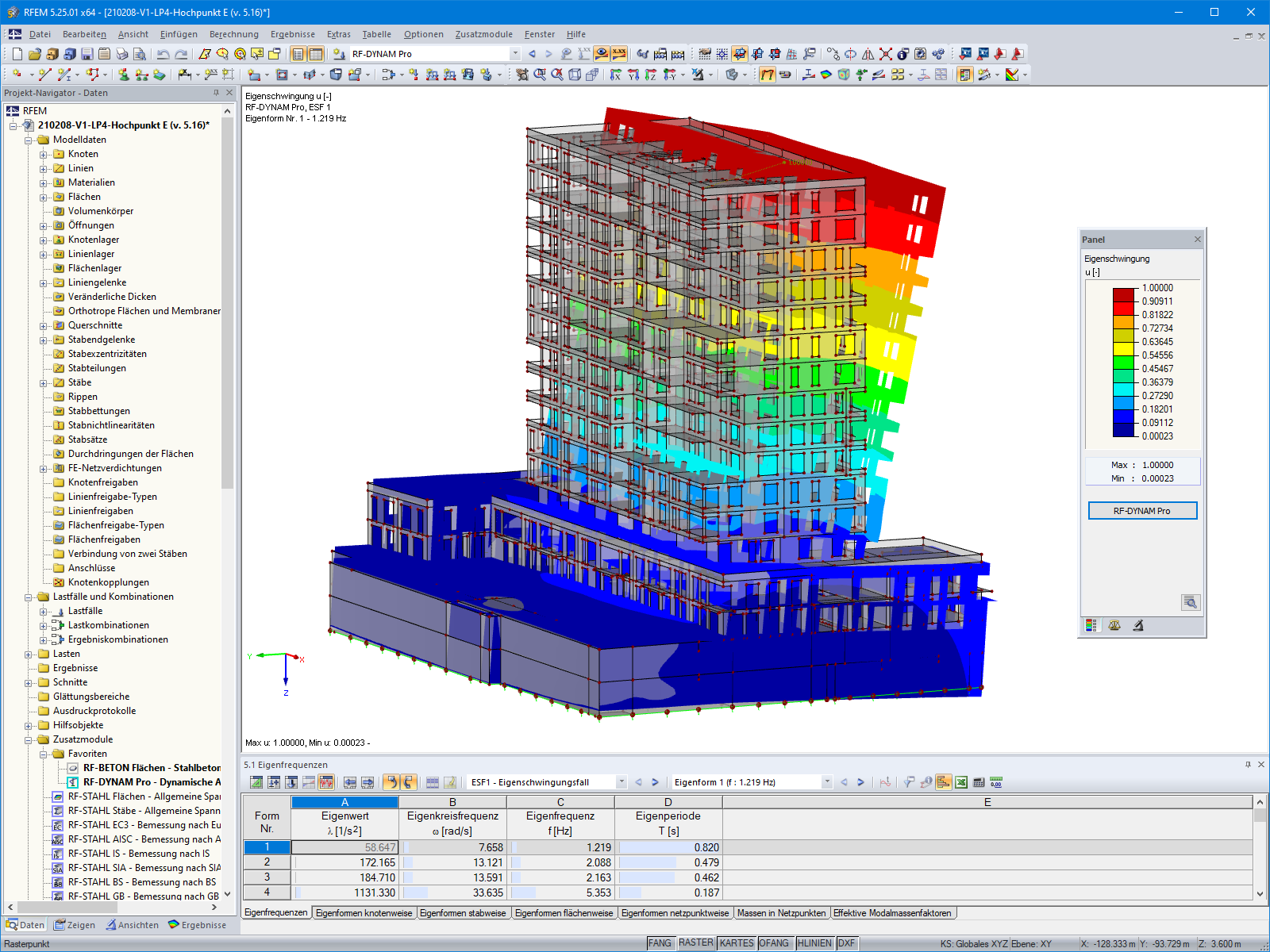 In RF-DYNAM Pro berechnete 1. Eigenform des Wohnhochhauses in RFEM (© bauart Konstruktions GmbH & Co. KG)