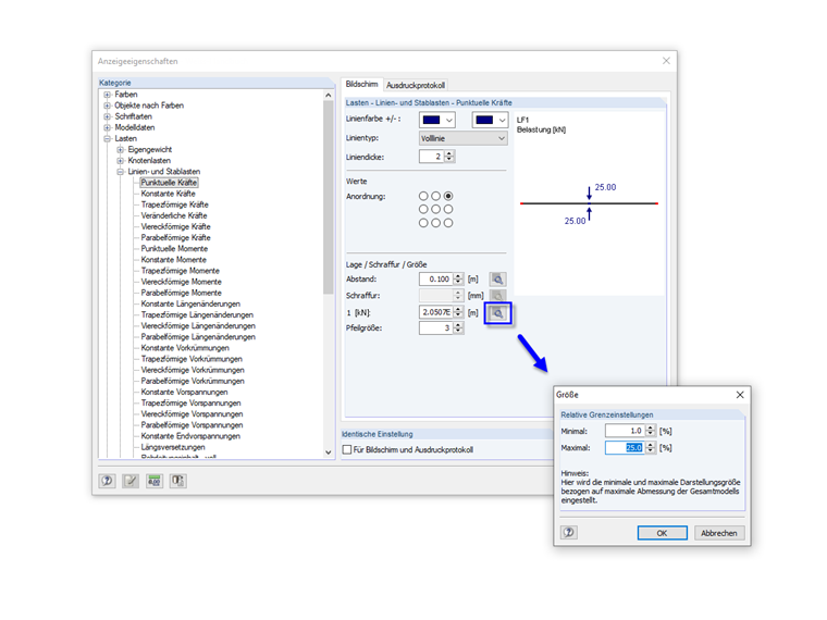 Anzeigeeigenschaften für Lasten
