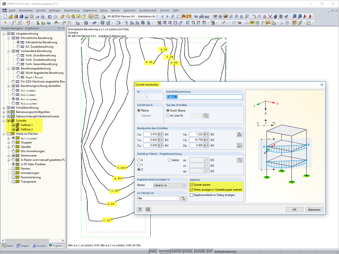 Isolinien mit Schnitt beschriften