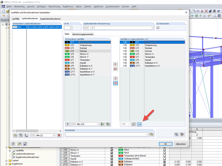 Einstellung des Teilsicherheitsbeiwerts 1,0