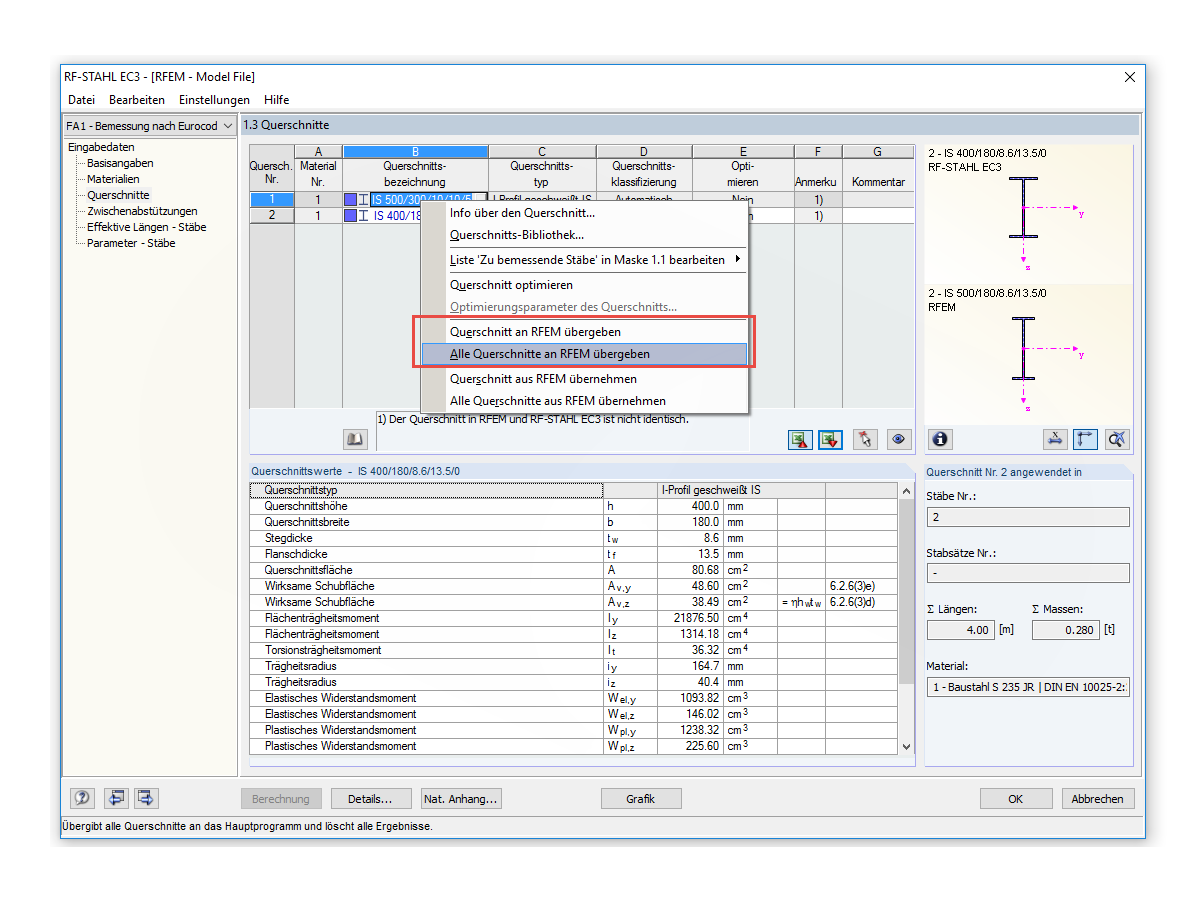 Übergabe von Querschnitten an das Hauptprogramm RSTAB/RFEM