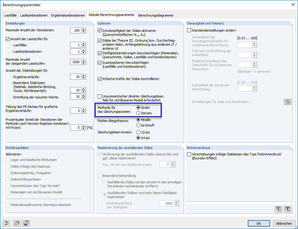 Gleichungslösermethode im Dialog "Berechnungsparameter"