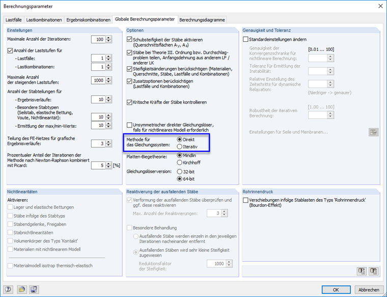 Gleichungslösermethode im Dialog "Berechnungsparameter"