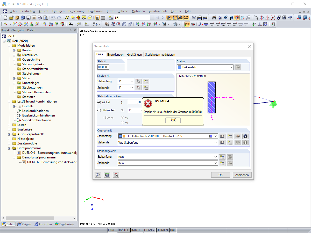 Fehlermeldung bei Stabnummer außerhalb des zulässigen Bereichs