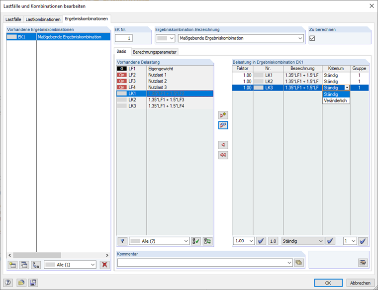 Kriterium "Ständig" für Lastkombination setzen
