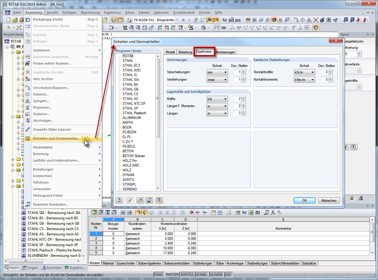 Einheiten der Ergebnisse