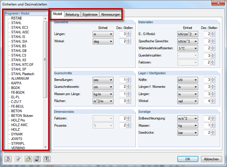 Dialog Einheiten und Dezimalstellen