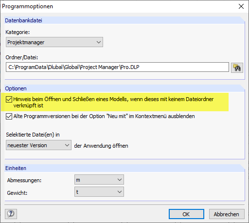 Projektmanger-Dialog "Programmoptionen"