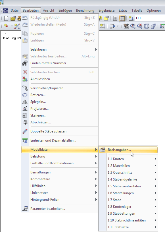 Basisangaben über Menü