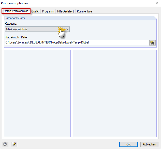 Dialog "Programmoptionen": Pfad des Arbeitsverzeichnisses