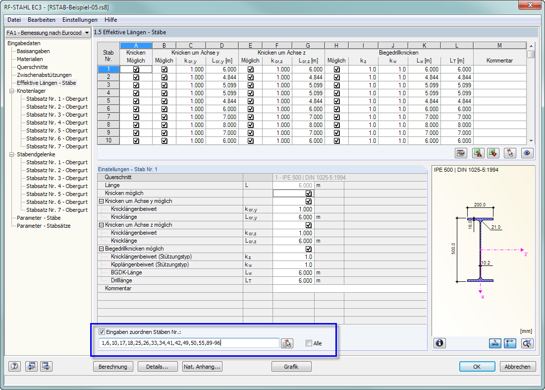 Kontrollfeld "Eingaben zuordnen Stäben Nr."
