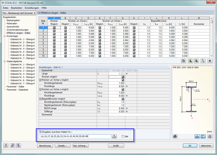 Kontrollfeld "Eingaben zuordnen Stäben Nr."