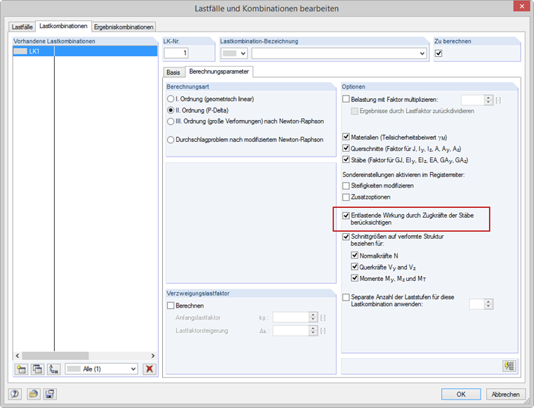 Kontrollfeld für entlastende Wirkung von Zugkräften