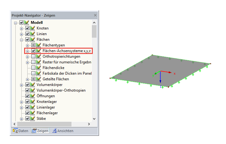 Zeigen-Navigator: Flächen-Achsensystem