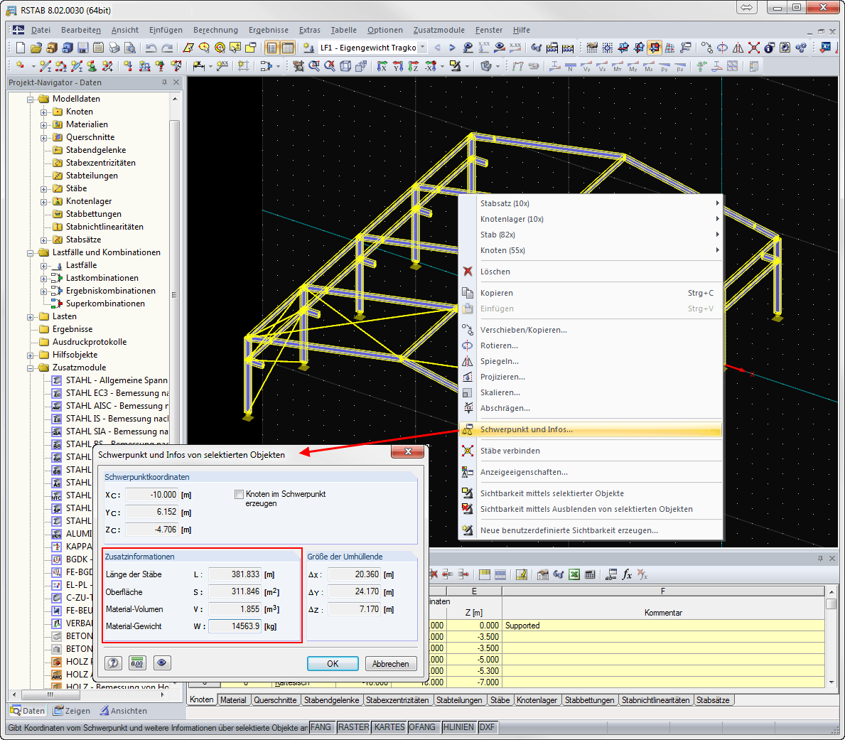 Schwerpunkt und Infos von selektierten Objekten