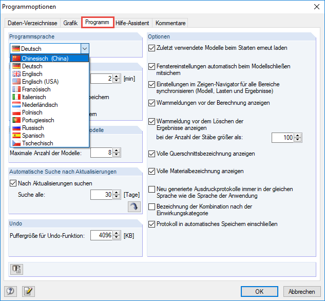 Sprache des Programms wählen