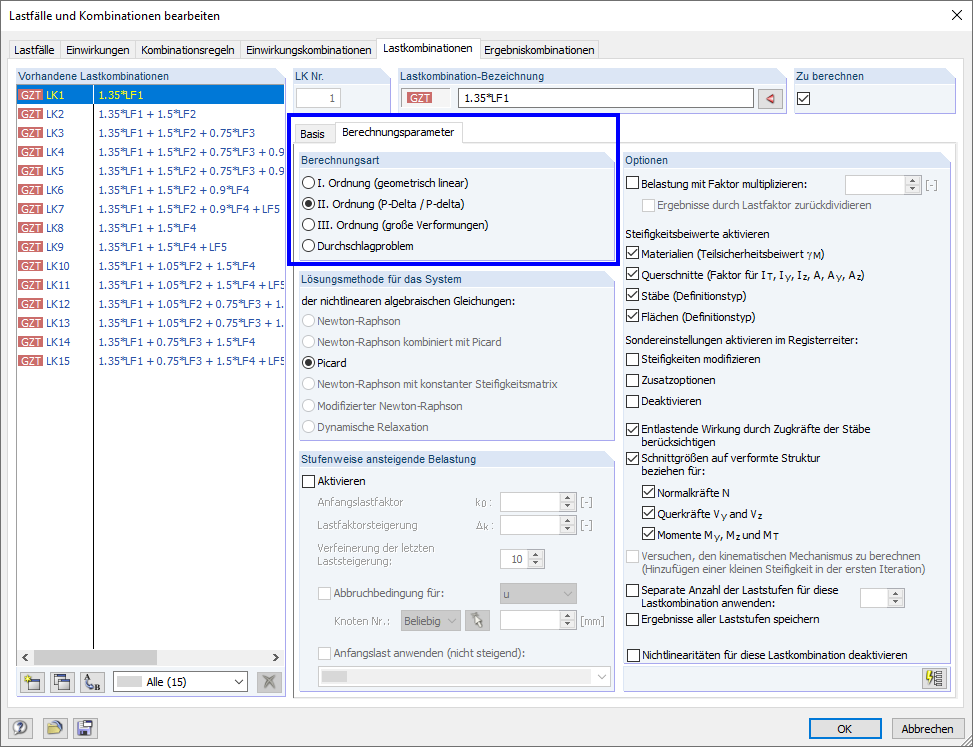 Lastkombination: Berechnungstheorie festlegen