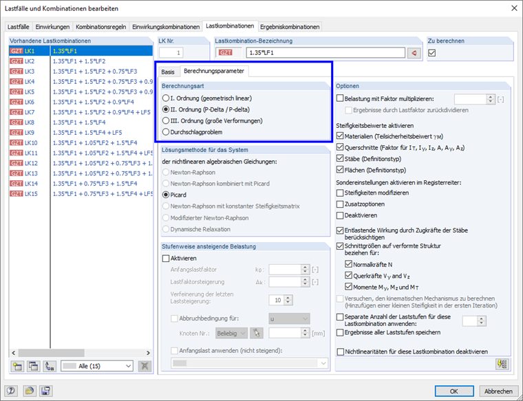 Lastkombination: Berechnungstheorie festlegen
