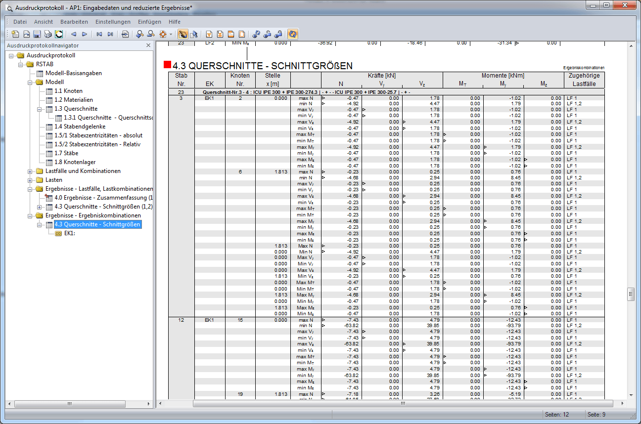 Kennzeichnung der extremalen Schnittgrößen im Ausdruckprotokoll
