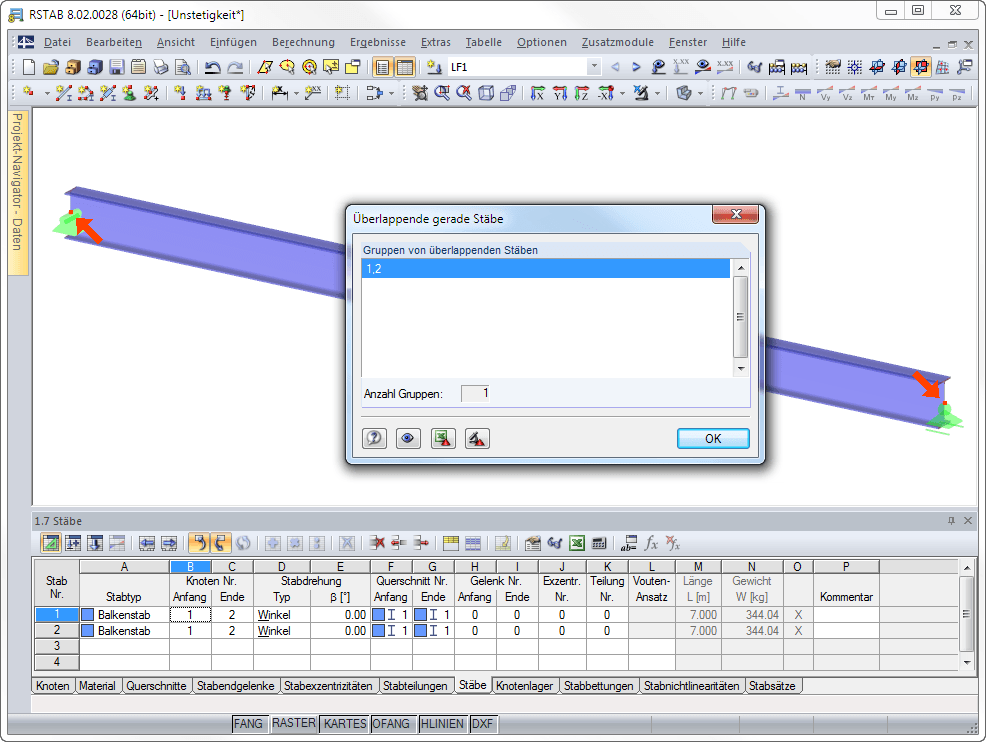 Überlappende Stäbe