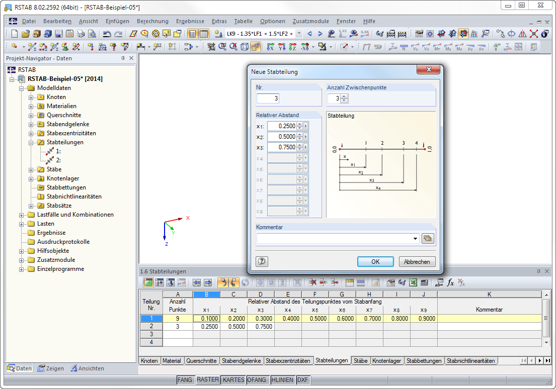 Stabteilungen in Dialog und Tabelle