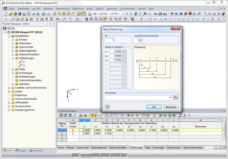 Stabteilungen in Dialog und Tabelle