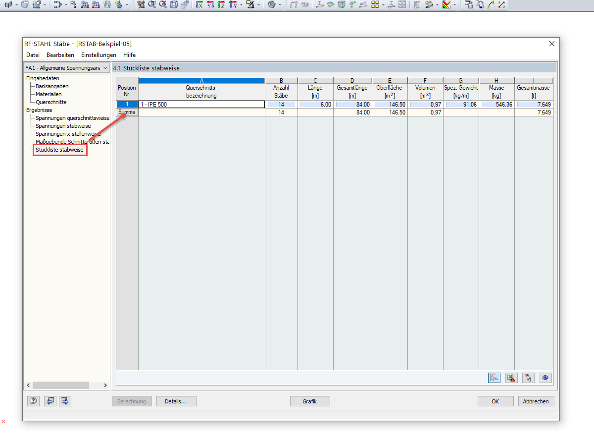 Stückliste eines Querschnitts