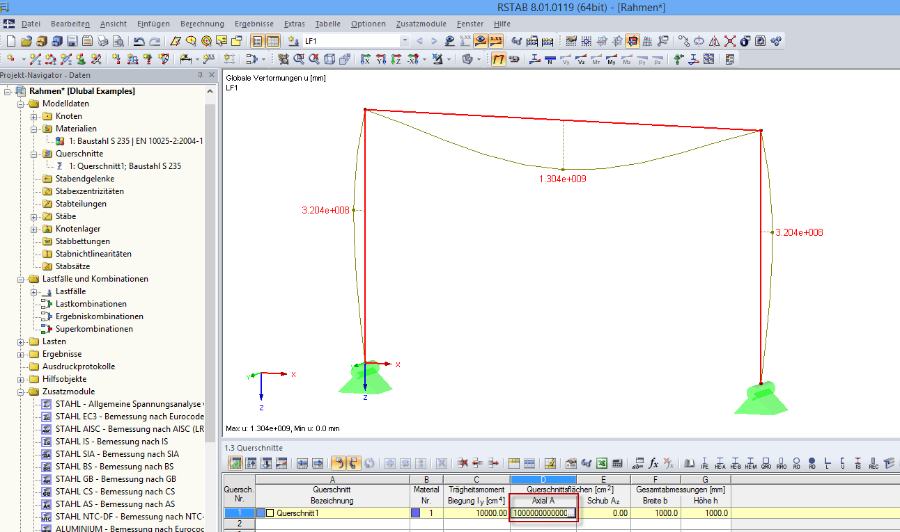 Manuell definierte Querschnittsfläche und Verformungen