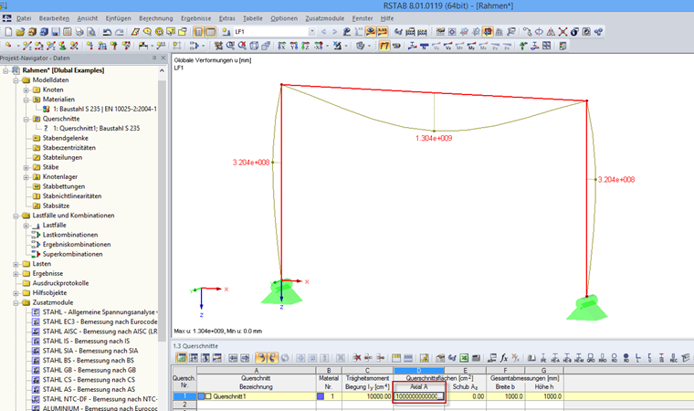 Manuell definierte Querschnittsfläche und Verformungen