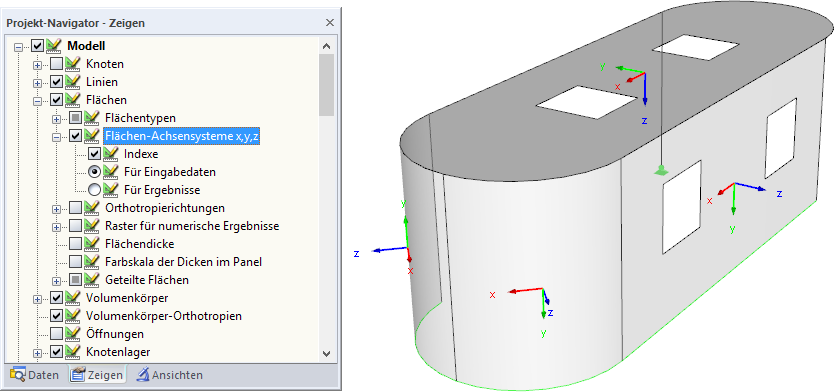 Anzeige der Flächenachsen