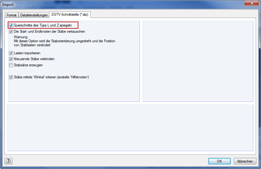 Importeinstellungen zu DSTV-Schnittstelle