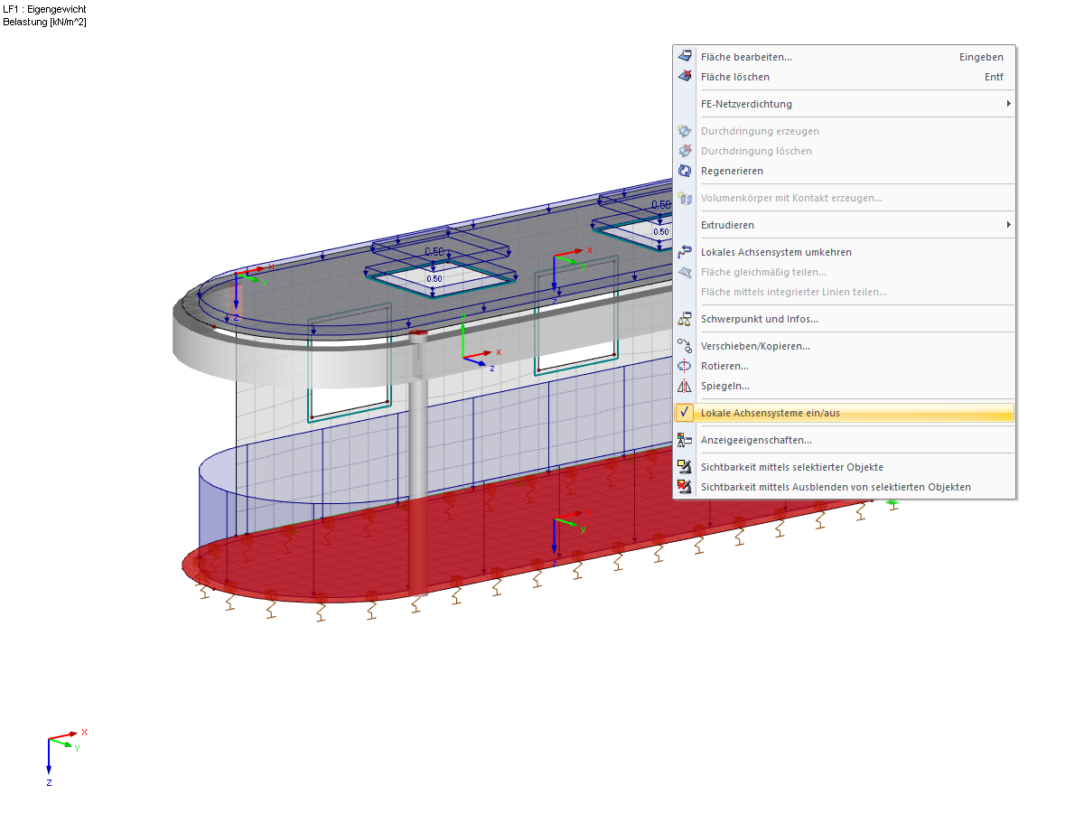 Achsensysteme der Flächen über Kontextmenü anzeigen