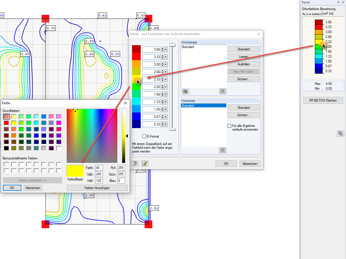 Werte- und Farbskalen der Isolinien bearbeiten