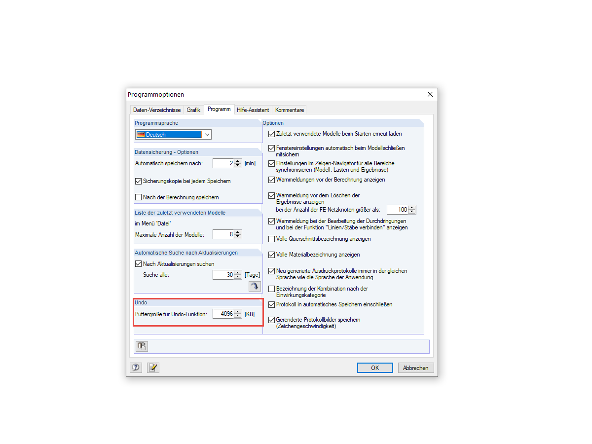 Puffergröße für Undo-Funktion