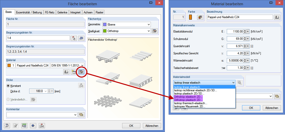 Materialmodell für Flächen auswählen