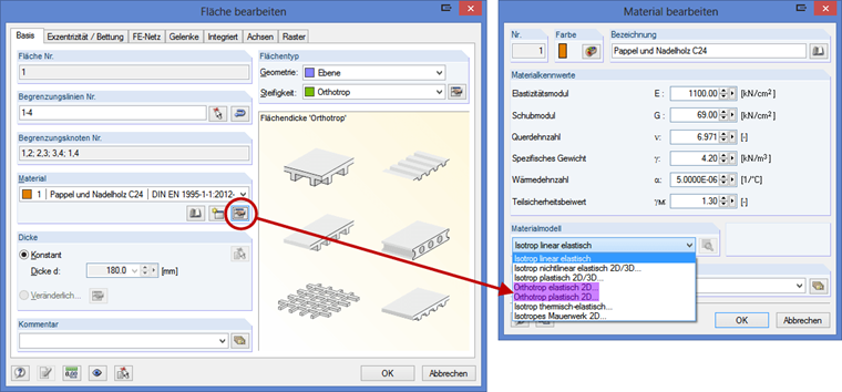 Materialmodell für Flächen auswählen