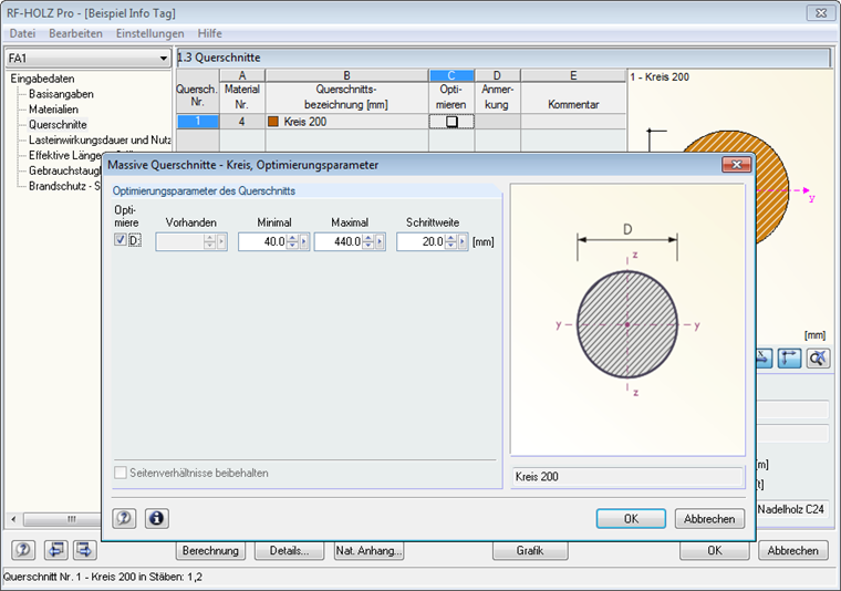 Optimierung eines Kreisprofils in RF-/HOLZ Pro