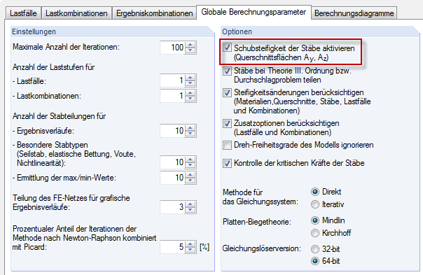Dialog "Berechnungsparameter": Schubsteifigkeit der Stäbe